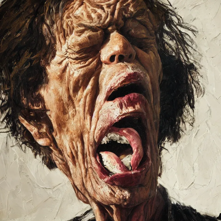 Image similar to warmly lit close up studio portrait of very old furiously angry!! Mick Jagger age 115 angrily singing, impasto oil painting thick brushstrokes by Cy Twombly and Tim Hawkinson , trending on artstation dramatic lighting Expressionism