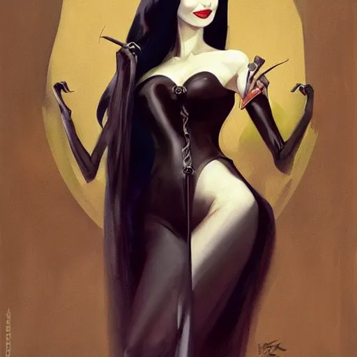 Image similar to greg manchess portrait painting of morticia from addams family as overwatch character, medium shot, asymmetrical, profile picture, organic painting, sunny day, matte painting, bold shapes, hard edges, street art, trending on artstation, by huang guangjian and gil elvgren and greg rutkowski