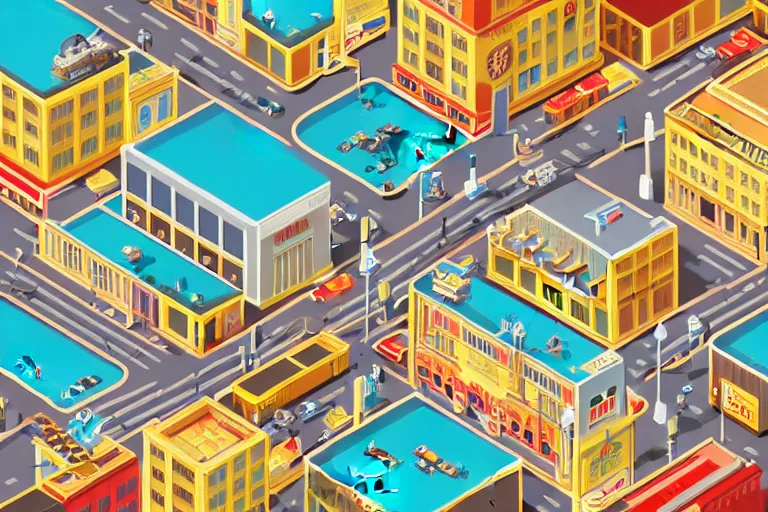 Image similar to highly detailed isometric vector art of a city scape by Wes Anderson, hyperrealistic, photorealistic, artstyle, highly detailed, sharp