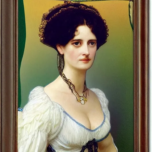 Prompt: portrait en buste of eva green in an edwardian dress by frederic william burton and frederic leighton, abundantly detailed