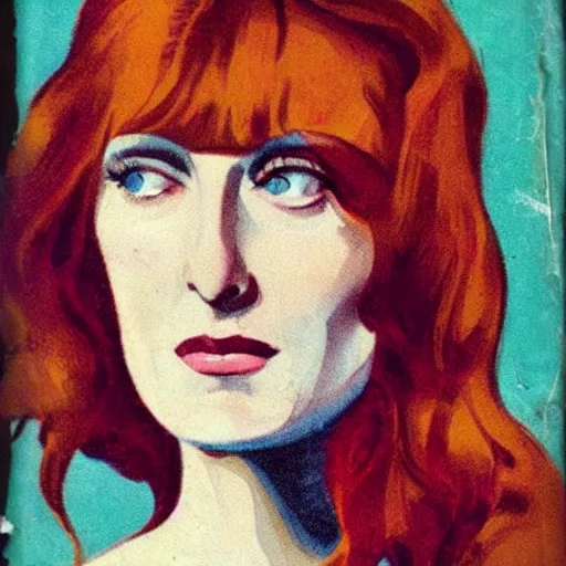 Image similar to “Florence Welch portrait, color vintage magazine illustration 1950”