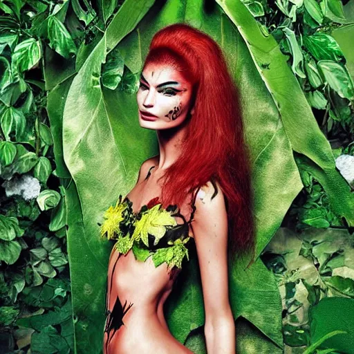 Prompt: “A beautiful portrait of Ophelie Guillermand as Poison Ivy from Batman as a Versace fashion model Spring/Summer 2018, highly detailed, in the style of cinematic, Getty images, Vogue editorial, Milan fashion week backstage, Makeup by Pat McGrath, Greg rutkowski”