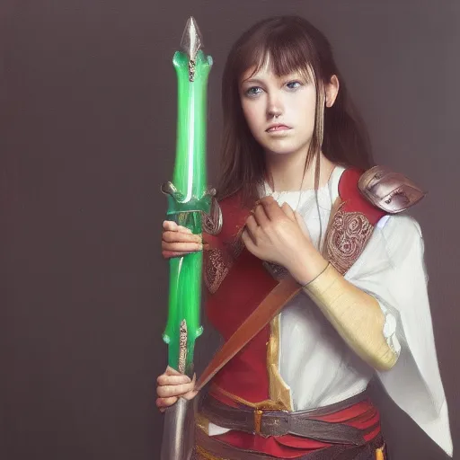 Image similar to oil painting of a jade sword hanging from the belt of a girl knight, hyperrealistic painting, deviantart, baroqe