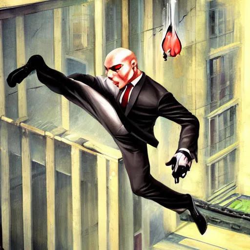 Prompt: agent 4 7 drop kicks battler off top of the cell, realist painting