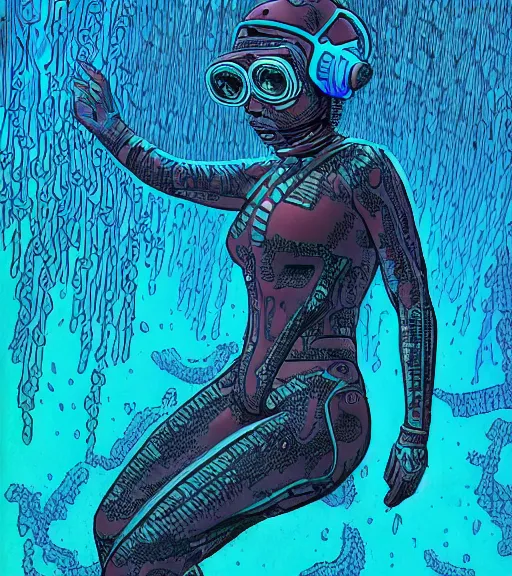 Image similar to a cyberpunk diver Polynesian woman swims through a dark bioluminescent alien coral reef, techwear, Industrial Scifi, detailed illustration, character portrait, by Martin Grip and Moebius