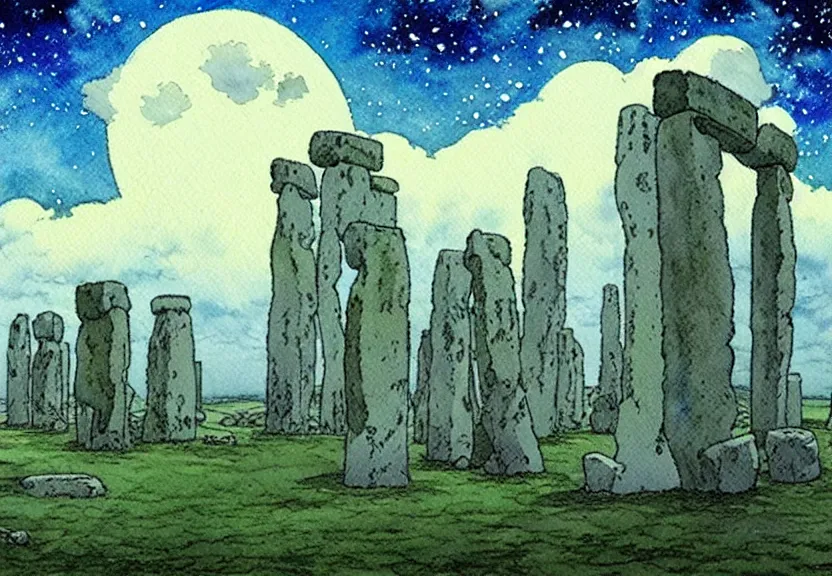 Prompt: a simple watercolor studio ghibli movie still fantasy concept art of stonehenge. a giant squid from princess mononoke ( 1 9 9 7 ) is in the sky. it is a misty starry night. by rebecca guay, michael kaluta, charles vess