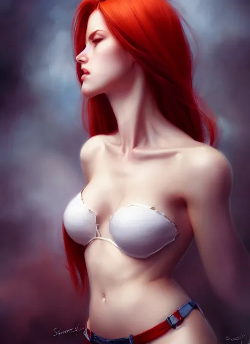 Prompt: photo of gorgeous woman with half white half red hair in the style of stefan kostic, realistic, half body shot, sharp focus, 8 k high definition, insanely detailed, intricate, elegant, art by stanley lau and artgerm, foggy backgeound