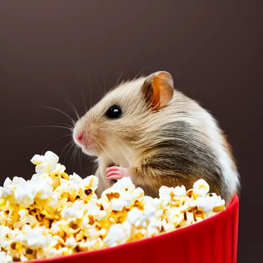 Image similar to photo of a hamster eating popcorn from a bucket of popcorn, various poses, unedited, soft light, sharp focus, 8 k