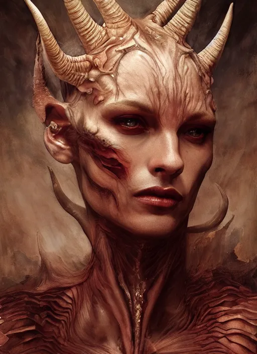 Image similar to half demon half human intricate skin scales costume, elegant, peaceful, full body, horns, hyper realistic, extremely detailed, dnd character art portrait, fantasy art, intricate fantasy painting, dramatic lighting, vivid colors, deviant art, artstation, by edgar maxence and caravaggio and michael whelan and delacroix.