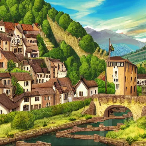 Image similar to digital painting of a picturesque small medieval town on a sunny day with stone buildings nestled at the foot of a tall mountain by a river with a bridge crossing into a dark forest.