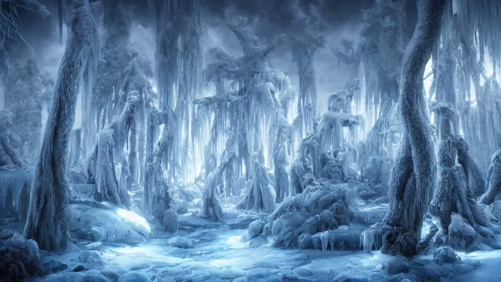 Prompt: ice forest, fantasy artwork, very very very beautiful scenery, hd, hdr, ue5, ue6, unreal engine 5, cinematic 4k wallpaper, 8k, ultra detailed, high resolution, artstation, award winning