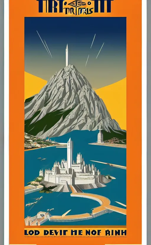 Image similar to art deco travel poster. visit minas tirith, lord of the rings