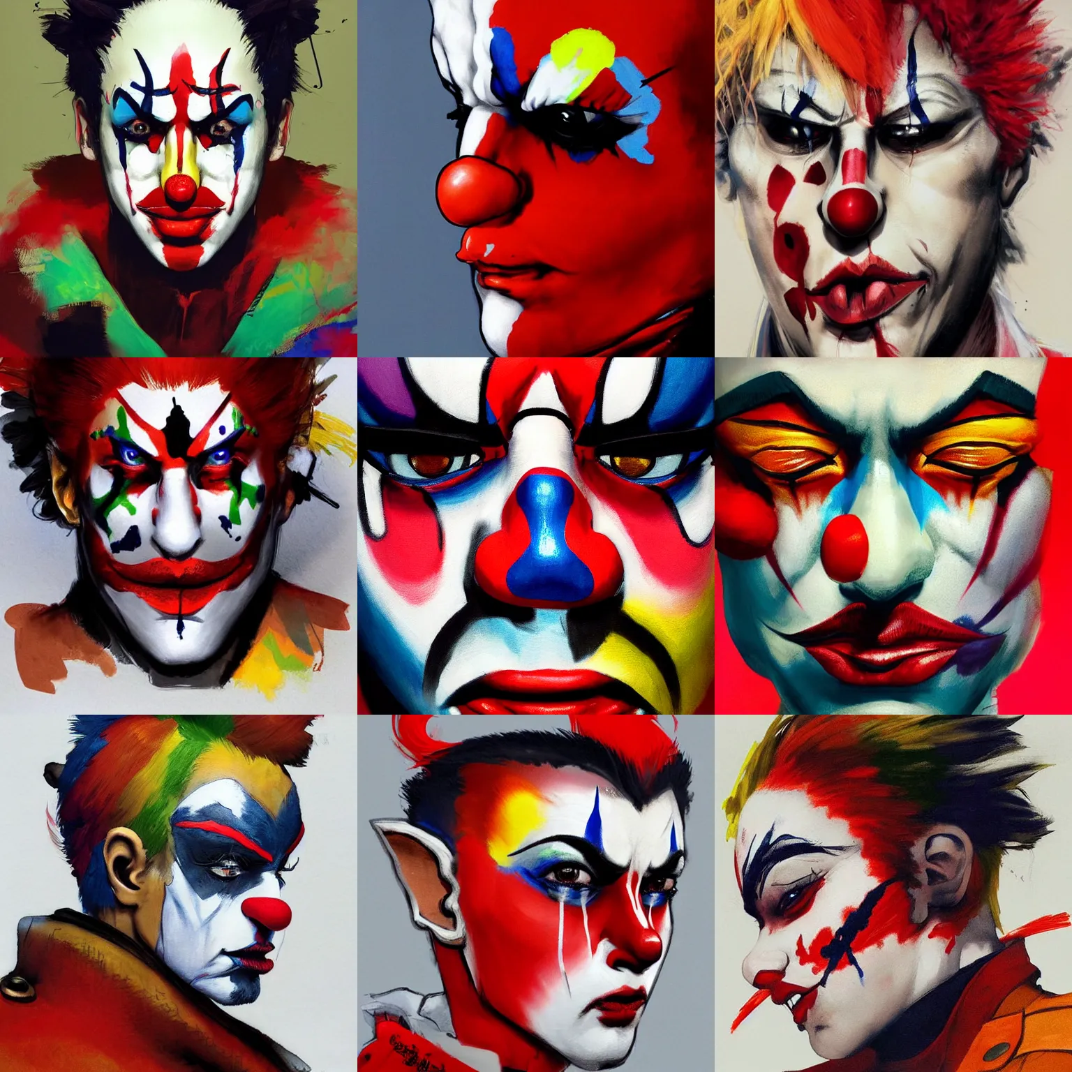 Prompt: a beautiful side portrait painting of a clown soldier, with a red sferical nose. the makeup is pretty colorful. art by yoji shinkawa, trending on artstation, award - winning, perfect composition.