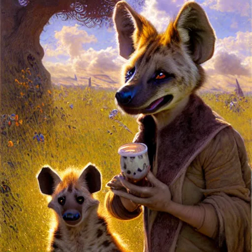 Image similar to a field with a female hyena hyenawoman canine in wizard robes. zootopia fursona furaffinity furry art detailed face painting by gaston bussiere craig mullins jc leyendecker gustav klimt artgerm greg rutkowski furry