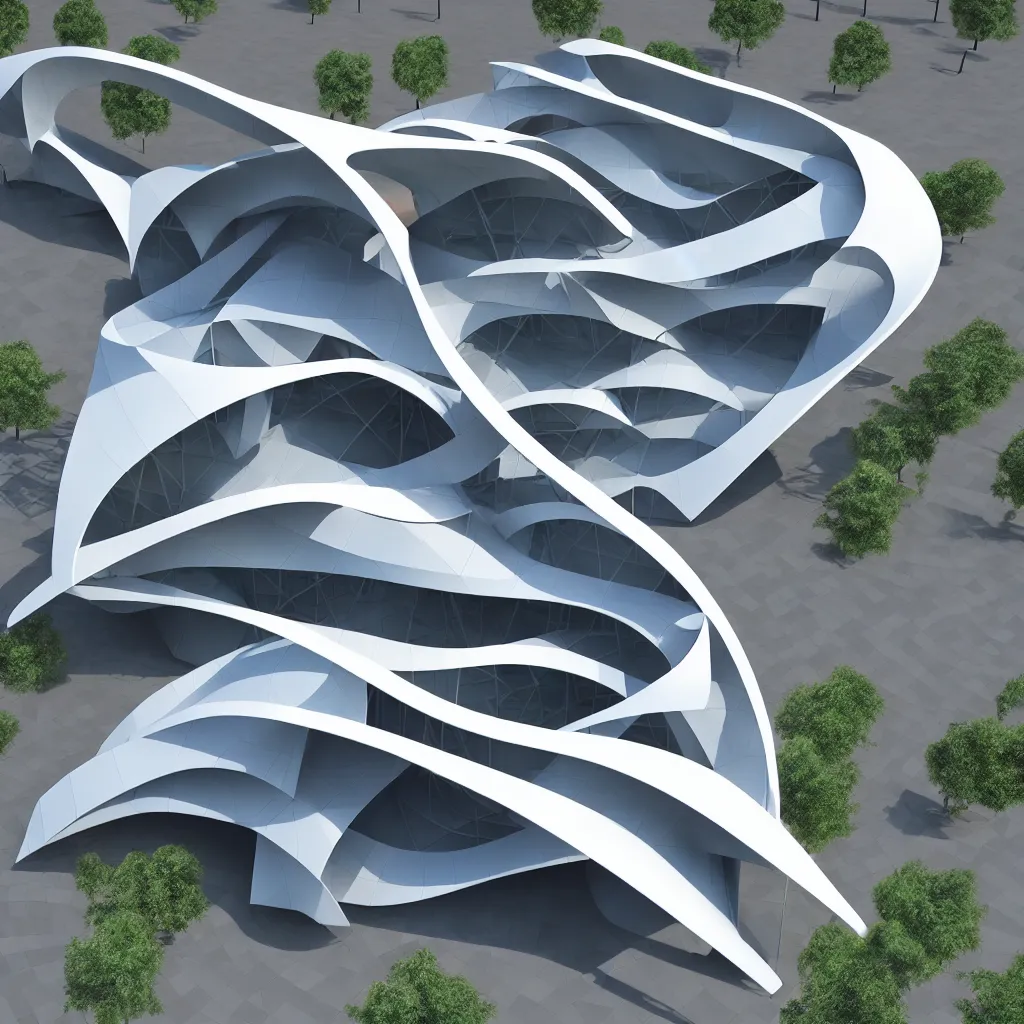 Image similar to sculptural curved roof planes lift and descend creating shade and architectural expression, dramatic form, 3 d top view axonometric, isometric