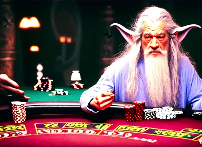 Prompt: film still of gandalf gambling in a casino in lord of the rings movie, 8 k