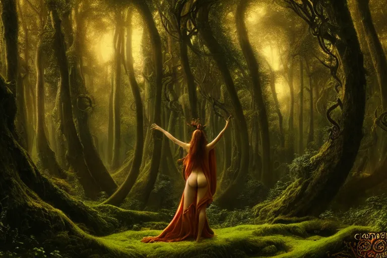 Prompt: a beautiful and highly detailed matte painting of a sexy lady standing facing a mystical forest, psychedelic, celtic, intricate details, epic scale, insanely complex, 8 k, sharp focus, photorealism, artstation, cgsociety, by caspar friedrich, albert bierstadt, james gurney, brian froud,