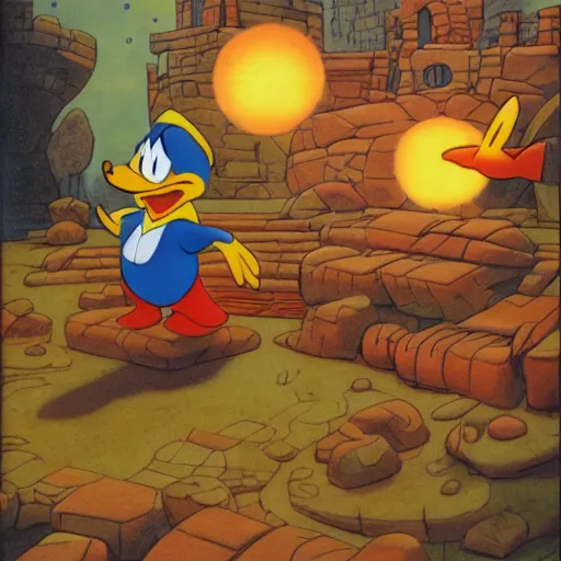 Prompt: donald duck, in a lost ancient city, by carl barks, atmospheric lights