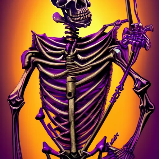 Prompt: a detailed portrait of a fancy skeleton with expressive features and metallic teeth, metal teeth, skeleton in a suit, purple glowing eyes, fantasy art, character, wizard, barbarian