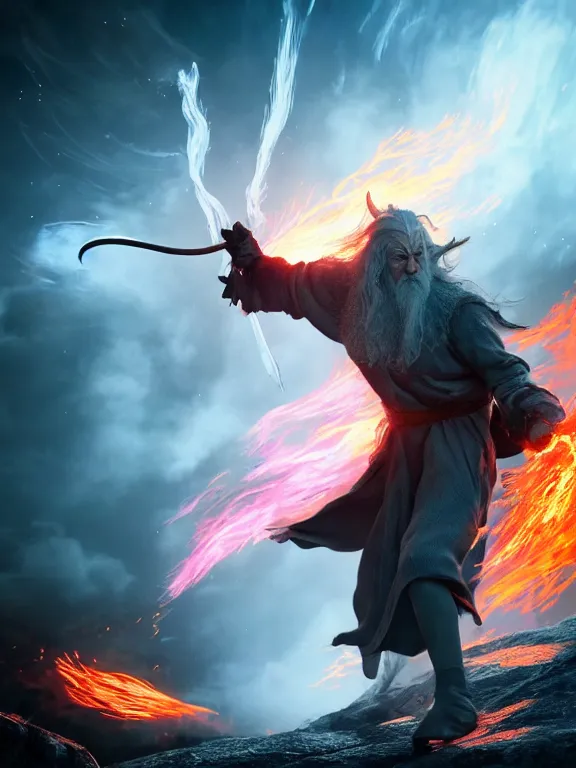 Prompt: photo of 8k ultra realistic Gandalf fighting the balrog, full of colour, cinematic lighting, battered, trending on artstation, 4k, hyperrealistic, focused, extreme details,unreal engine 5, cinematic, masterpiece, art by studio ghibli