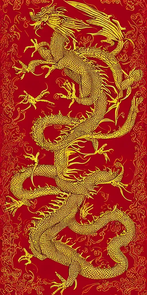 Image similar to golden paper + an intricate dragon depiction + symmetry + elaborate red illustration