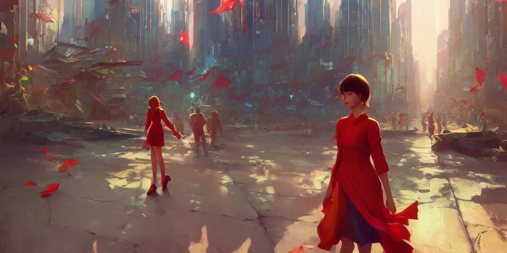 Image similar to gorgeous bright girl holding a red flag wading through fractal city and crowd by Craig Mullins, ilya kuvshinov, krenz cushart, artgerm trending on artstation by Edward Hopper and Dan Mumford and WLOP and Rutkovsky, Unreal Engine 5, Lumen, Nanite