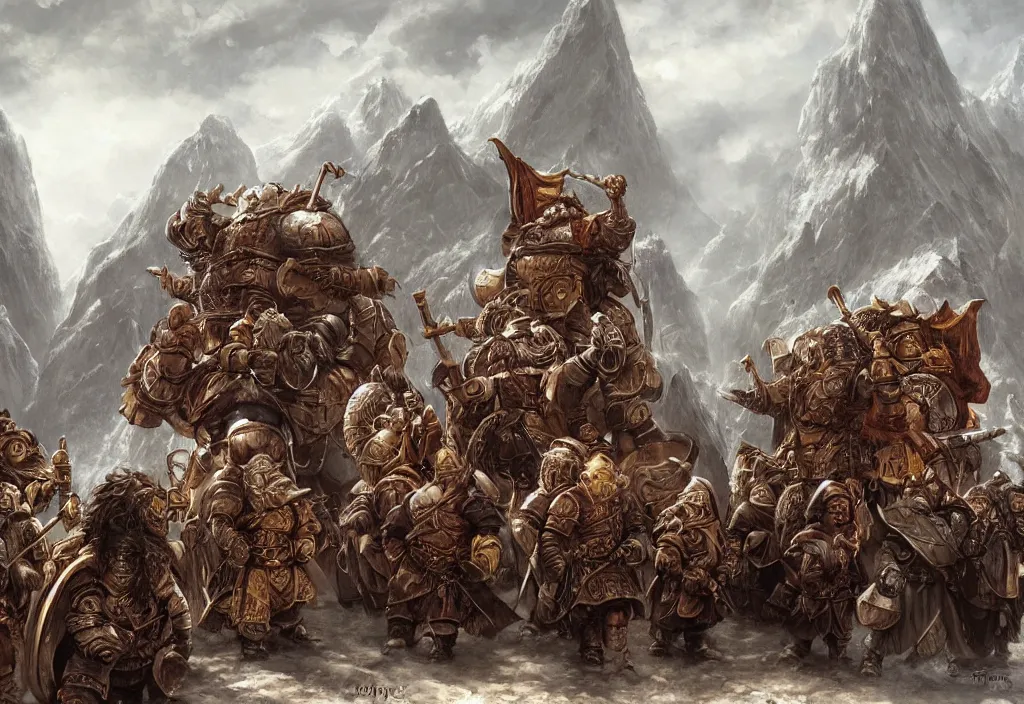 Prompt: a dwarven caravan travelling through the mountains with a large wagon, armored guards and merchants | hyperdetailed | d&d | lord of the rings | ralph horsley | wayne reynolds |