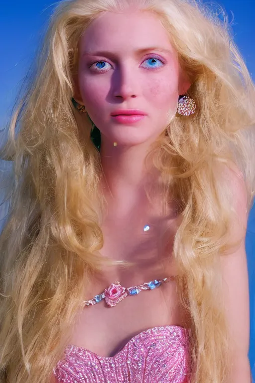 Image similar to close up headshot of a princess with long blonde hair and light blue eyes wearing a strapless elaborately beaded pink dress, high resolution film still, 8k, HDR color, film by Simon Langton and David Frankel, triangular face, very light freckles, round narrow chin, straight jawline, natural lips, high cheekbones, beautiful gazing eyes