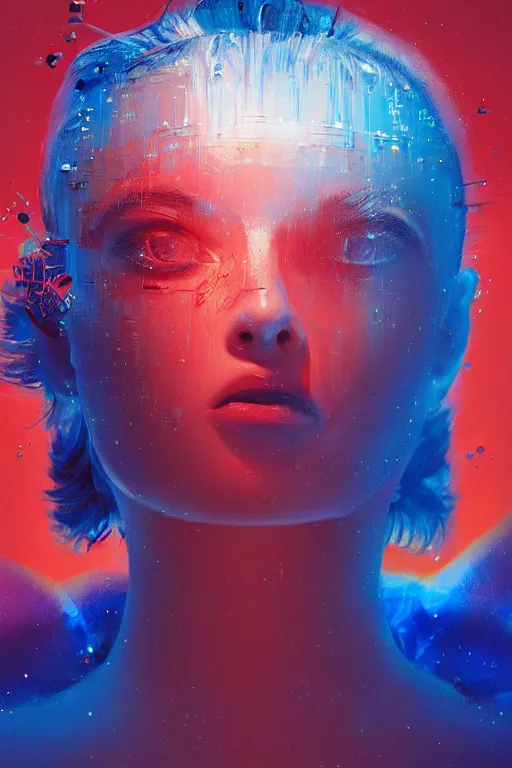 Prompt: 3 d, sci - fi, sunrise, sleepy fashion model face, cinematic, blue faces, vogue cover style, poster art, light red and deep blue mood, realistic painting, intricate oil painting, high detail, figurative art, multiple exposure, poster art, 3 d, by tooth wu and wlop and beeple and greg rutkowski