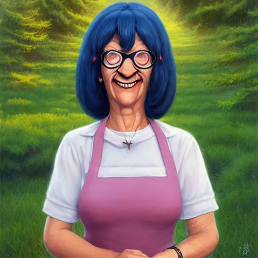 Image similar to beautiful hyperrealistic detailed matte portrait painting of happy linda belcher from bobs burger, by andreas rocha and john howe, and martin johnson