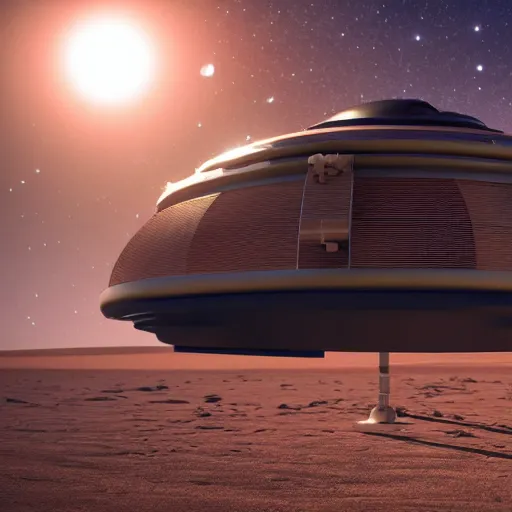 Image similar to an alien spaceship, low angle perspective view, 3 d render, photorealistic 3 d ship model, abandoned space station in desert alien land, photo 8 k film shoot