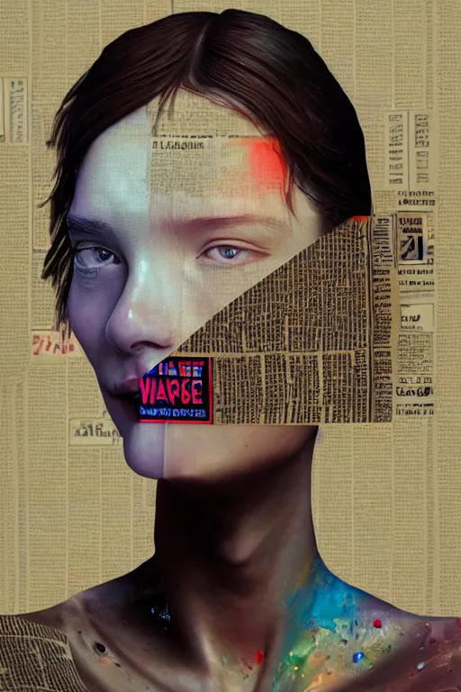 Image similar to 3 d, close - up, smiling fashion model, newspaper, tears, poster art, intricate oil painting, high detail, figurative art, multiple exposure, poster art, 3 d, by stanley kubrick and tooth wu and wlop and beeple