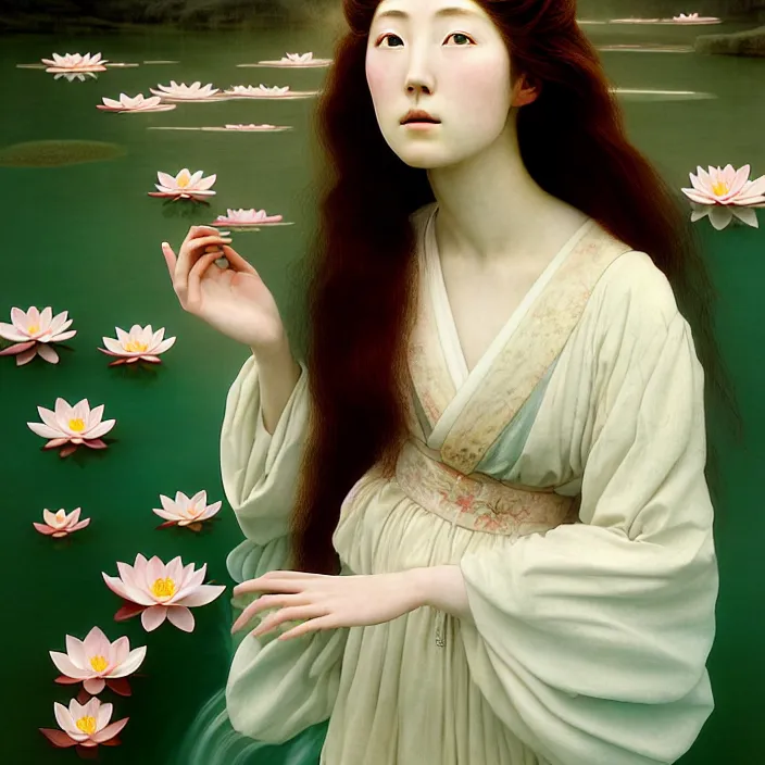 Prompt: Kodak Portra 400, 8K, soft light, volumetric lighting, highly detailed, Rena Nounen style 3/4 ,portrait photo of a Japanese beautiful female how pre-Raphaelites painter, the face emerges from the water of Pamukkale with lotus flowers, inspired by Ophelia paint , a beautiful chic dress and hair are intricate with highly detailed realistic beautiful flowers , Realistic, Refined, Highly Detailed, natural outdoor soft pastel lighting colors scheme, outdoor fine art photography, Hyper realistic, photo realistic