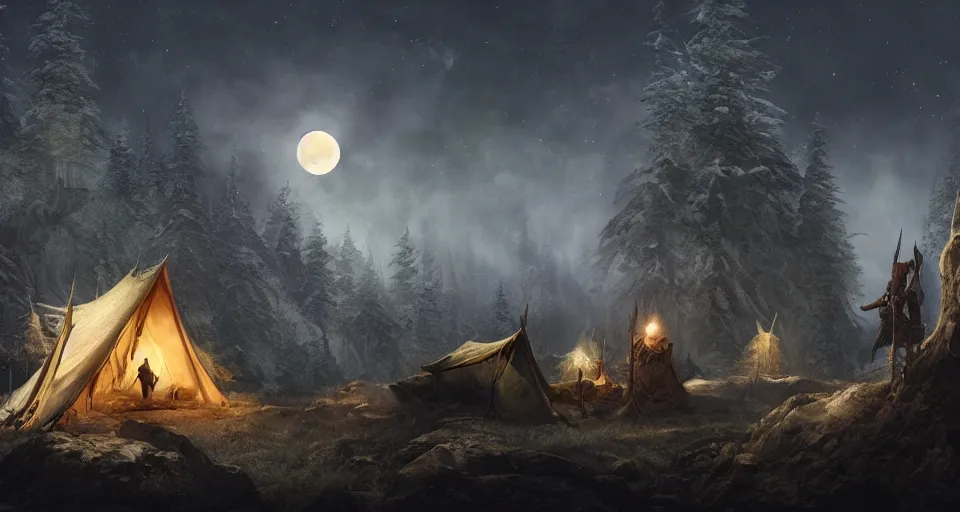 Image similar to an epic fantasy adventurer's camp with a hide tent at night with a full moon, 4 k, extremely detailed. award winning, trending on artstation, 8 k, ultra wide angle