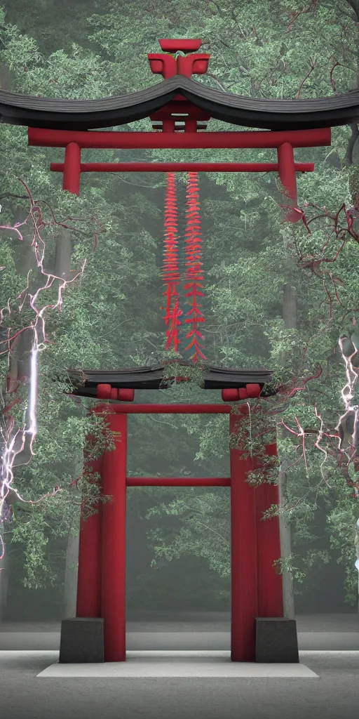 Image similar to 3 d render of a torii gate sculpture, chrometype, liquid metal, neotribal with thorns, japanese temple, raytraced, volumetric lightning, 8 k, by zheling xu, wlop, ouchh and and innate studio