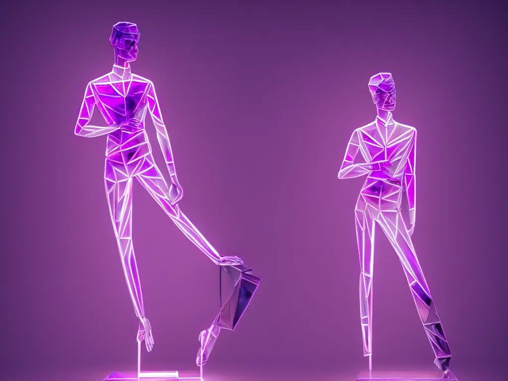 Image similar to beautiful mannequin sculpted out of amethyst by billelis + lit with geometric neon + iridescent geometric cubed bonsai plants!!!!, doorway opening with neon pink geometric light, clean linework, dramatic, finely detailed, rule of thirds, moody, award winning, 4 k, trending on artstation, photorealistic, volumetric lighting, octane render