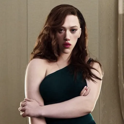 Image similar to a woman who is a genetic combination of kat dennings and scarlett johansson face and upper - body focus