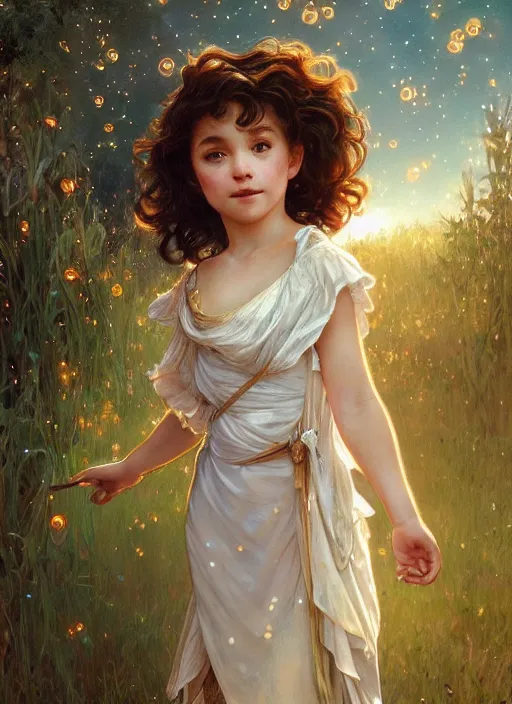 Prompt: a cute little girl with short curly brown hair with a happy expression wearing a summer dress dancing with fireflies, she is in the distance. beautiful fantasy art by by artgerm and greg rutkowski and alphonse mucha, trending on artstation.