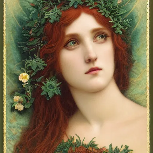 Image similar to Beautiful Pre-Raphaelite goddess of snakes, in the style of John William Godward and Anna Dittman, close-up portrait, porcelain skin, head in focus, flowers and plants, etheric, moody, intricate, mystical,