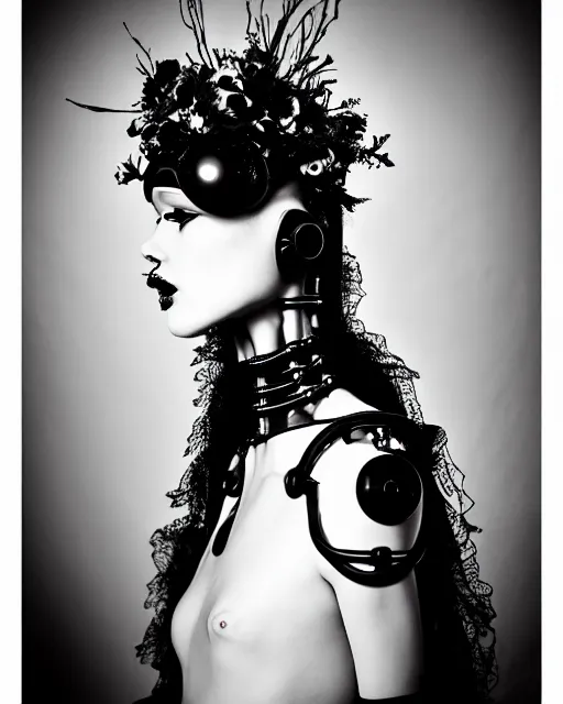 Image similar to dreamy surreal poetic black and white photo of a beautiful young bio-mechanical-female-cyborg-robot with a very long neck and a super big gothic lace collar and a very high big floral crown with many black dry roses by Vivienne Westwood:: smoke, high fashion, haute couture, rococo, avant-garde, elegant, dreamy, hyper realistic, 150 mm lens, soft rim light, octane render, unreal engine, picture was taken in 1910 by Dora Maar, volumetric lighting, dramatic light,8k,