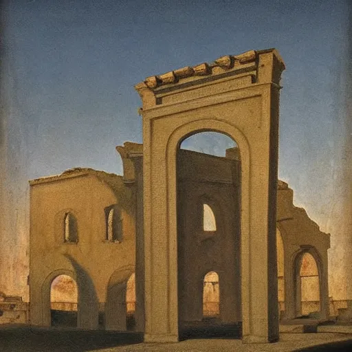 Image similar to an old ruin of a city with a soft hivernal light painting by de chirico