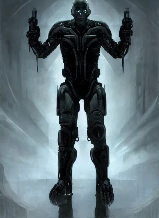 Image similar to keanu reeves as victor stone, full body concept, cyborg, borg, strogg, face of a man, terminator, flesh, quake strogg, doom demon, wolfenstein, monstrous, powerful, symmetry, symmetrical, concept art by ruan jia and greg rutkowski