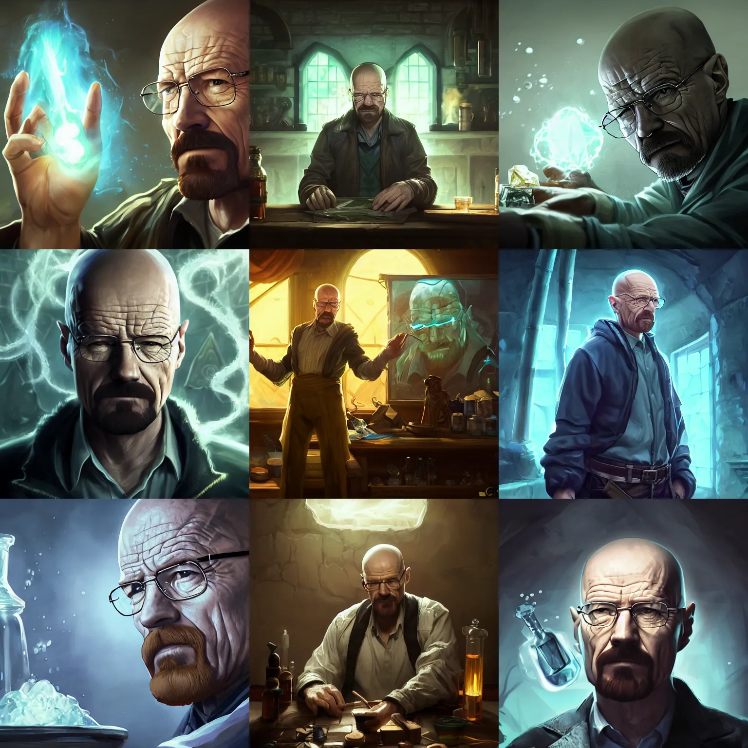 Image similar to portrait of walter white as an alchemist making potions, alchemy, league of legends amazing splashscreen artwork, dungeons and dragons, splash art, natural light, elegant, photorealistic facial features, intricate, fantasy, detailed face, atmospheric lighting, anamorphic lens flare, cinematic lighting, league of legends splash art, hd wallpaper, ultra high details by greg rutkowski