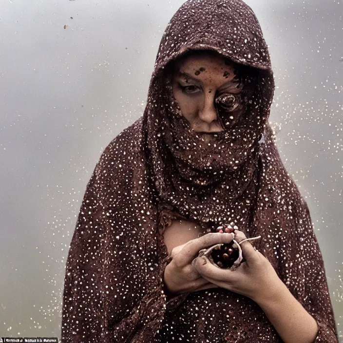 Prompt: a closeup portrait of a woman wearing a hood made of holes and rusted nails, picking pomegranates from a tree in an orchard, foggy, moody, photograph, by vincent desiderio, canon eos c 3 0 0, ƒ 1. 8, 3 5 mm, 8 k, medium - format print