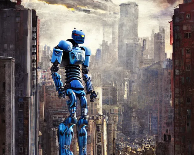 Image similar to A large imposing robot with a paintbrush destroying a city, looking down at the people below, digital art, movie poster