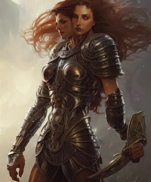 Image similar to Muscular and powerful medieval knight woman portrait, sci-fi, amber eyes, face, long hair, fantasy, intricate, elegant, highly detailed, digital painting, artstation, concept art, smooth, sharp focus, illustration, art by artgerm and greg rutkowski and alphonse mucha