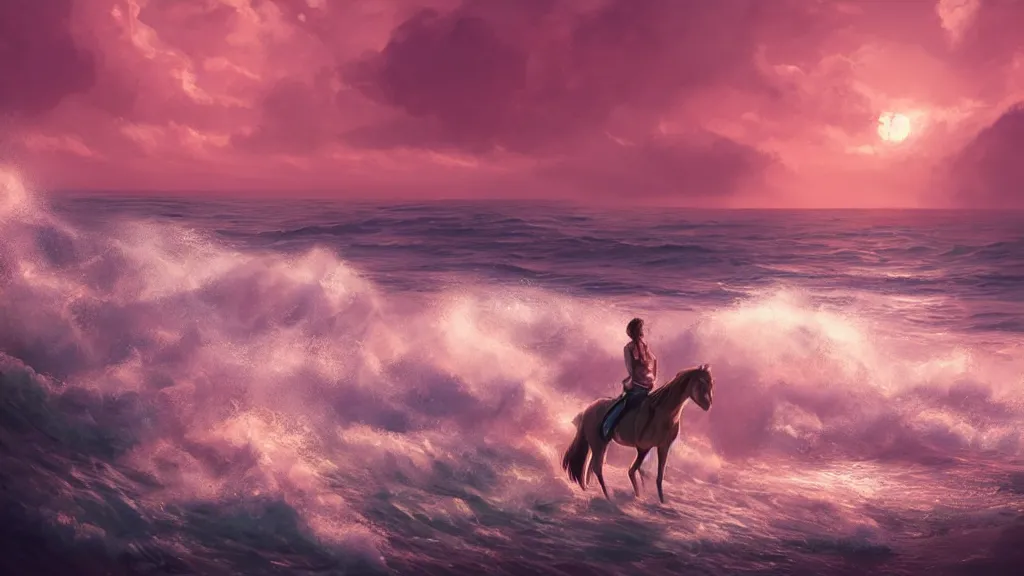 Image similar to a horse riding along a pink beach with impossibly large waves crashing against the shoreline, beautiful twilight sunset background, by sylvain sarrailh, rossdraws, ambient light, ultra detailed, fantasy artwork, 8 k, volumetric lighting, trending on artstation, award winning, very beautiful.