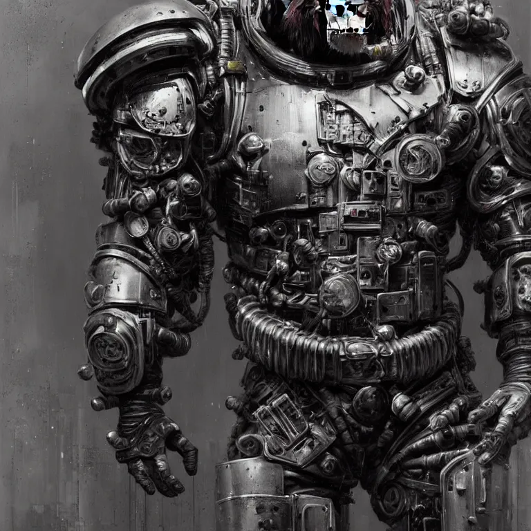 Image similar to a portrait of a muscular anthropomorphic cyberpunk chimp in spacesuit armor with ensignia on chest plate by sandra chevrier, by jon foster, detailed render, post - processing, extremely hyperdetailed, intricate, epic composition, cybernetics, 4 k realistic, cryengine, realistic shaded lighting, sharp focus, masterpiece, by enki bilal