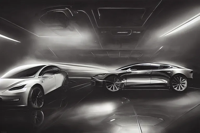 Image similar to a 2 8 mm closeup photo of a tesla car in show room with a reflective floor, hyper detailed, smooth, high contrast, volumetric lighting, octane, greg rutkowski, ripley scott, artgerm, craig mullins, cinematic