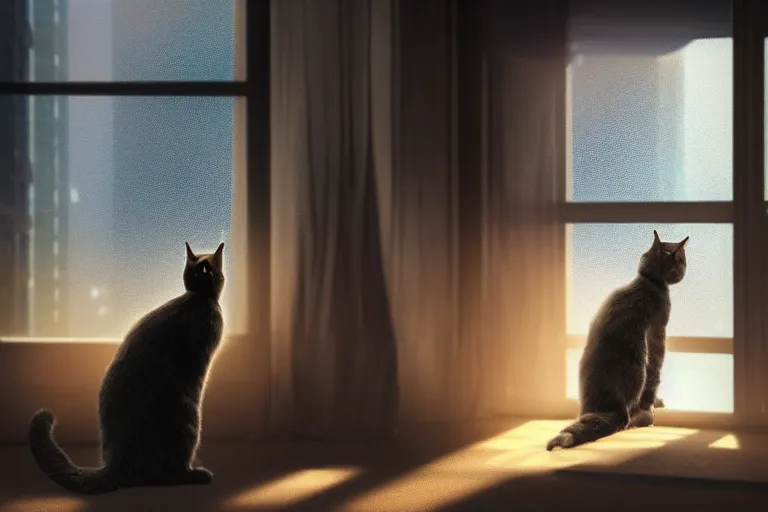 Image similar to Big european shorthair cat and small fluffy kitten from the back in the apartment room looking to window in a cyberpunk city, soft god rays from city lights outside the window, unreal engine 5, soft neon atmosphere, photorealistic, soothing colors, somber melancholic matte painting, hyperrealism, hyperrealistic, cinematic masterpiece, cyberpunk style 8k ultrahd octane render